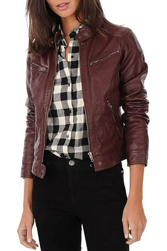Women's Genuine Burgandy Red Lambskin Leather Jacket Motorcycle Slim fit Biker Jacket W285