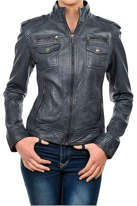 Women's Genuine Gray Lambskin Leather Jacket Motorcycle Slim Fit Biker Jacket W550