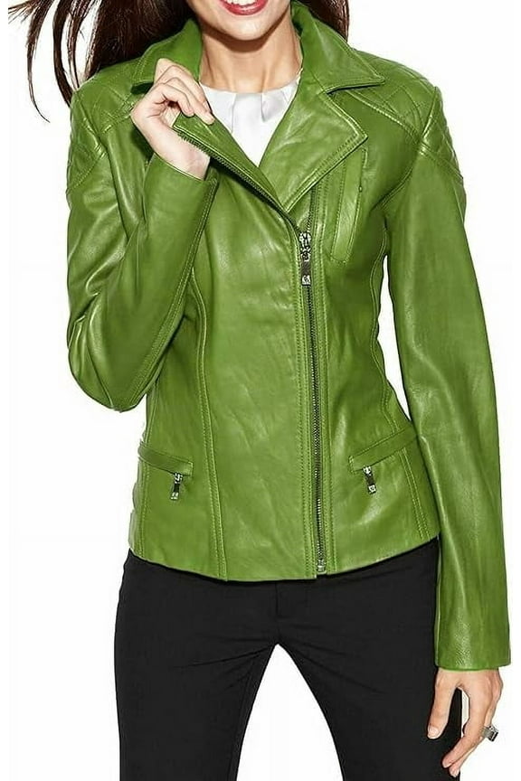 Women's Genuine Green Lambskin Leather Jacket Motorcycle Slim fit Biker Jacket W404