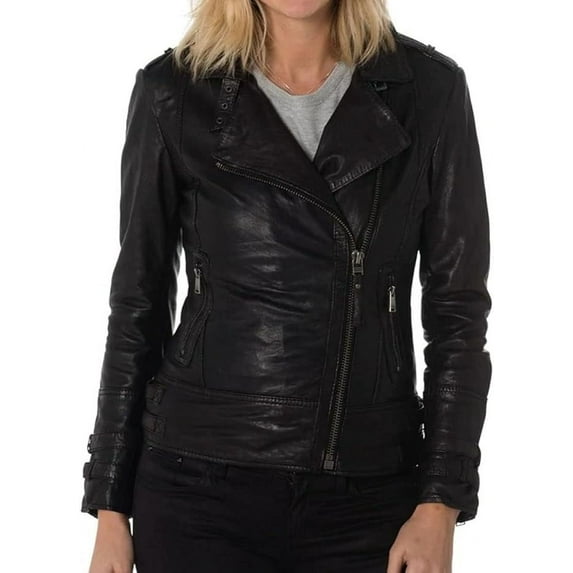 Women's Genuine Lambskin Leather Jacket Motorcycle Biker Leather Black Jacket W153