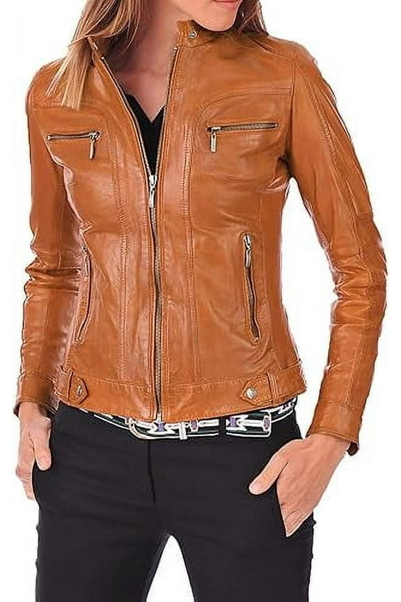 Women's Genuine Lambskin Leather Jacket Motorcycle Biker Leather Jacket W030