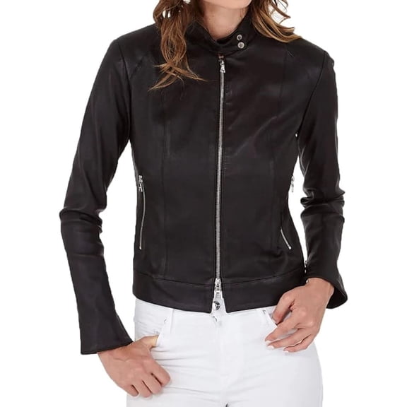 Women's Genuine Lambskin Leather Jacket Motorcycle Slim Fit Biker Jacket Black W112