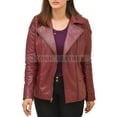 thumbnail image 1 of Women's Genuine Lambskin Maroon Leather Biker Jacket, 1 of 5
