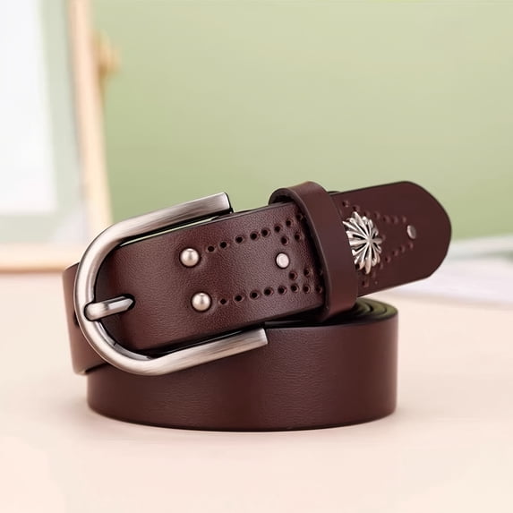 Women's Genuine Leather Belt - Handcrafted Vintage Metal Buckle Design, Perfect for Casual Wear and Jeans