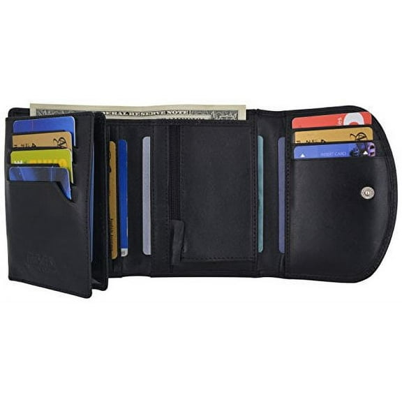 Women's Genuine Leather Compact Double ID Windows Credit Card Holder Wallet With Zippered Pocket by Moga (Black)