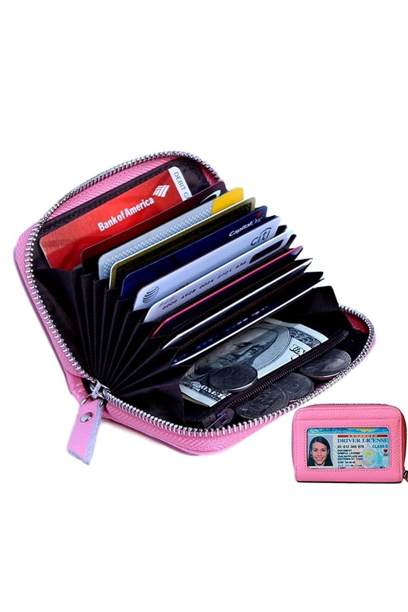 Women's Genuine Leather Credit Card Holder RFID Secure Spacious Cute Zipper Card Wallet Small Purse with ID Window