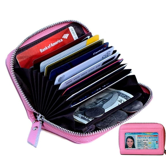 Women's Genuine Leather Credit Card Holder RFID Secure Spacious Cute Zipper Card Wallet Small Purse with ID Window