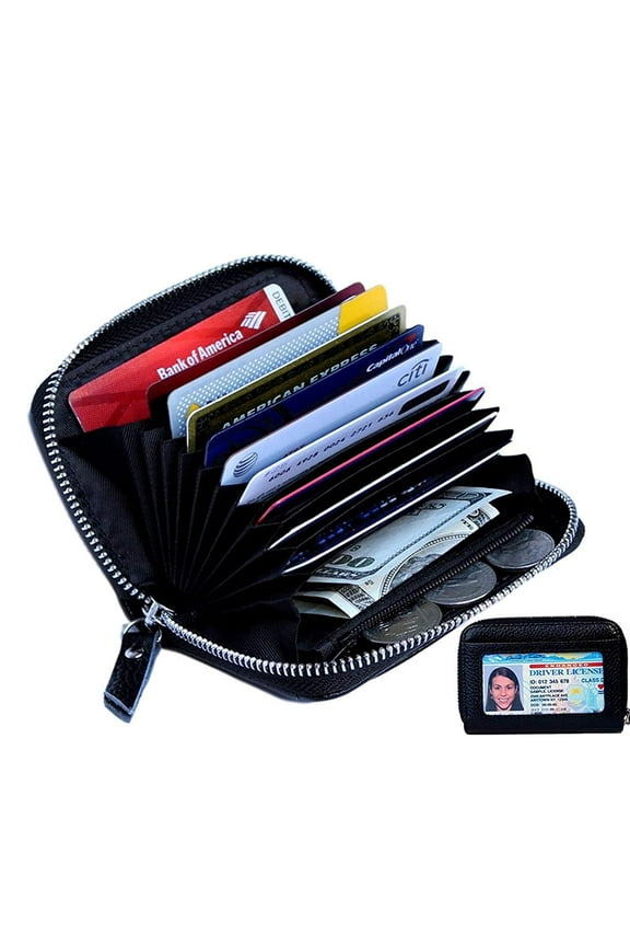 Women's Genuine Leather Credit Card Holder RFID Secure Spacious Cute Zipper Card Wallet Small Purse with ID Window