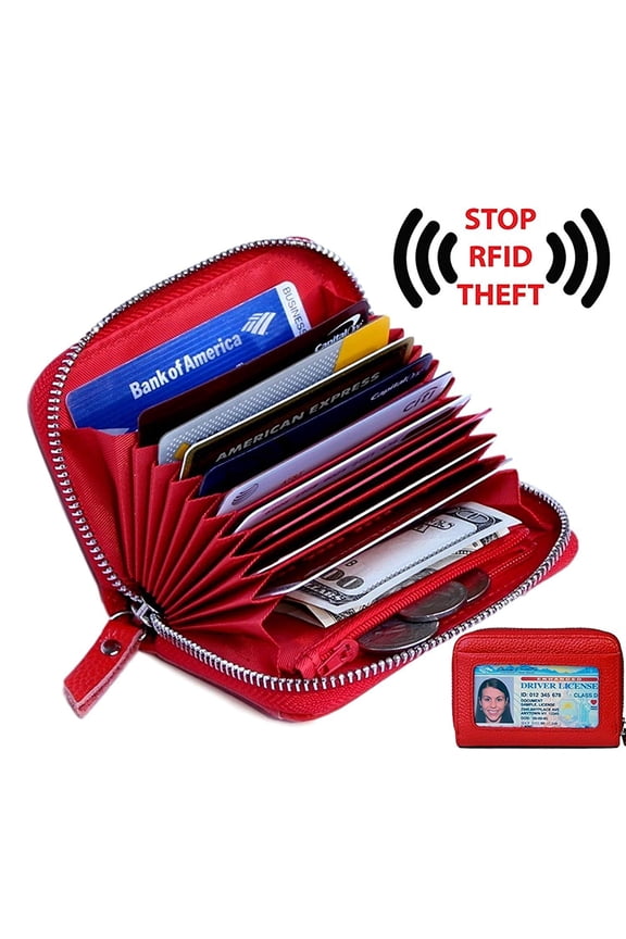 Women's Genuine Leather Credit Card Holder RFID Secure Spacious Cute Zipper Card Wallet Small Purse with ID Window