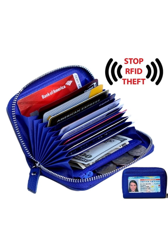 Women's Genuine Leather Credit Card Holder RFID Secure Spacious Cute Zipper Card Wallet Small Purse with ID Window
