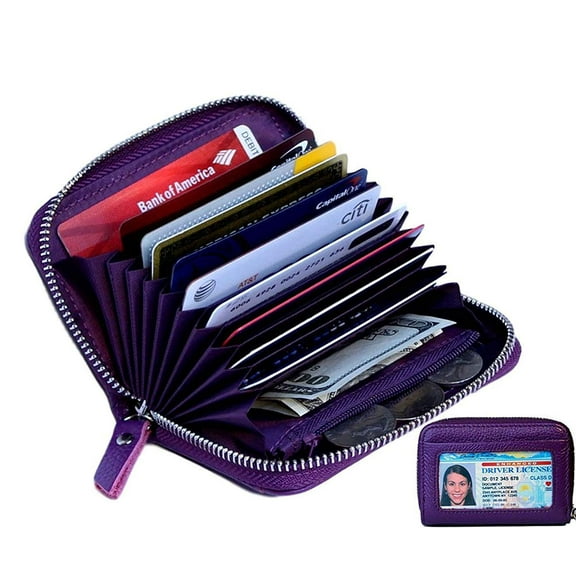 Women's Genuine Leather Credit Card Holder RFID Secure Spacious Cute Zipper Card Wallet Small Purse with ID Window