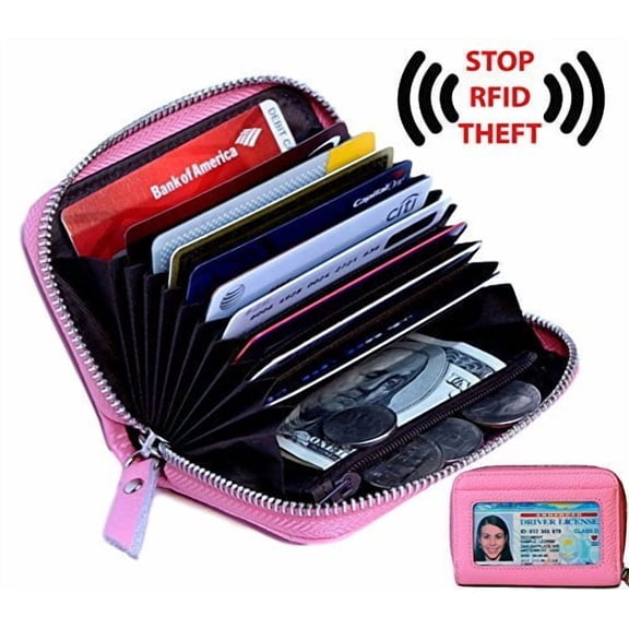 Women's Genuine Leather Credit Card Holder RFID Secure Spacious Cute Zipper Card Wallet Small Purse with ID Window
