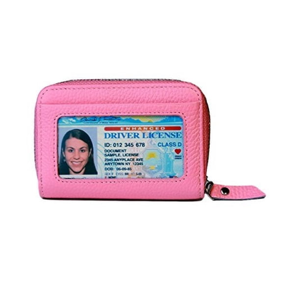 Women's Genuine Leather Credit Card Holder RFID Secure Spacious Cute Zipper Card Wallet Small Purse with ID Window