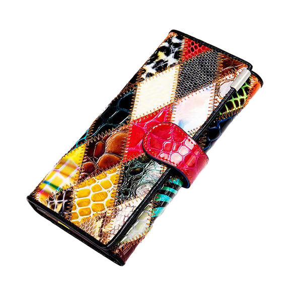 Women’s Genuine Leather Patchwork Wallet – Large Capacity Multi-Card Holder Clutch with Coin Pocket & Cash Slots