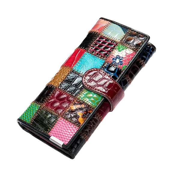 Women’s Genuine Leather Patchwork Wallet – Large Capacity Multi-Card Holder Clutch with Coin Pocket & Cash Slots