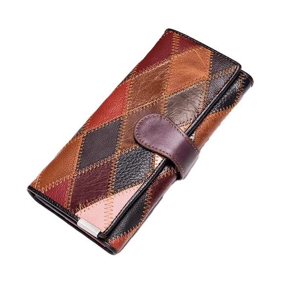 Women’s Genuine Leather Patchwork Wallet – Large Capacity Multi-Card Holder Clutch with Coin Pocket & Cash Slots