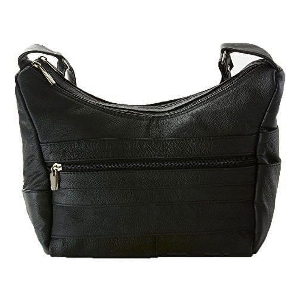 Women's Genuine Leather Purse Adjustable Strap Mid Size Multi Pocket Shoulder Bag (Black)