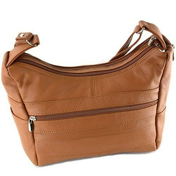 Women's Genuine Leather Purse Adjustable Strap Mid Size Multi Pocket Shoulder Bag (Light Brown)