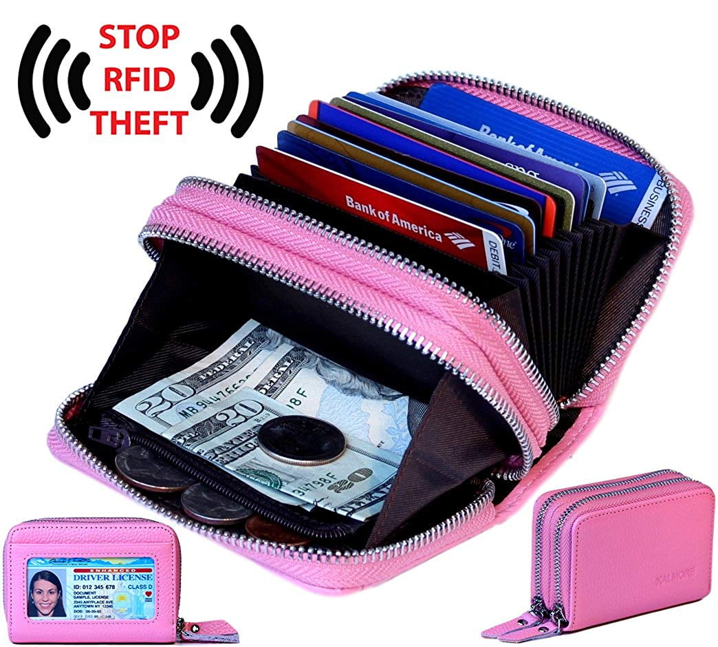 Women's Genuine Leather RFID Secure Spacious Cute Double-Zipper Card Wallet  Small Purse with ID Window Clothing 