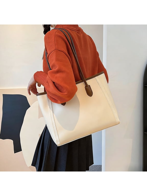 Women's Genuine Leather Tote Bag Large Shoulder Handbag with Zipper Closure for Work Commute Fall Winter Beige
