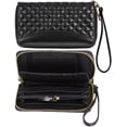 thumbnail image 1 of Women's Genuine Leather Wallet Wristlet Strap Clutch with Scan Proof Walls for tap-to-pay contactless credit card ID RFID protection - checkered design in black, 1 of 10