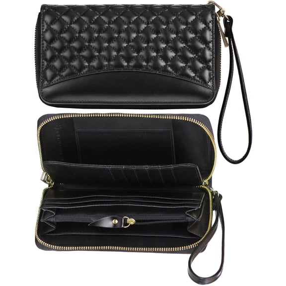 Women's Genuine Leather Wallet Wristlet Strap Clutch with Scan Proof Walls for tap-to-pay contactless credit card ID RFID protection - checkered design in black