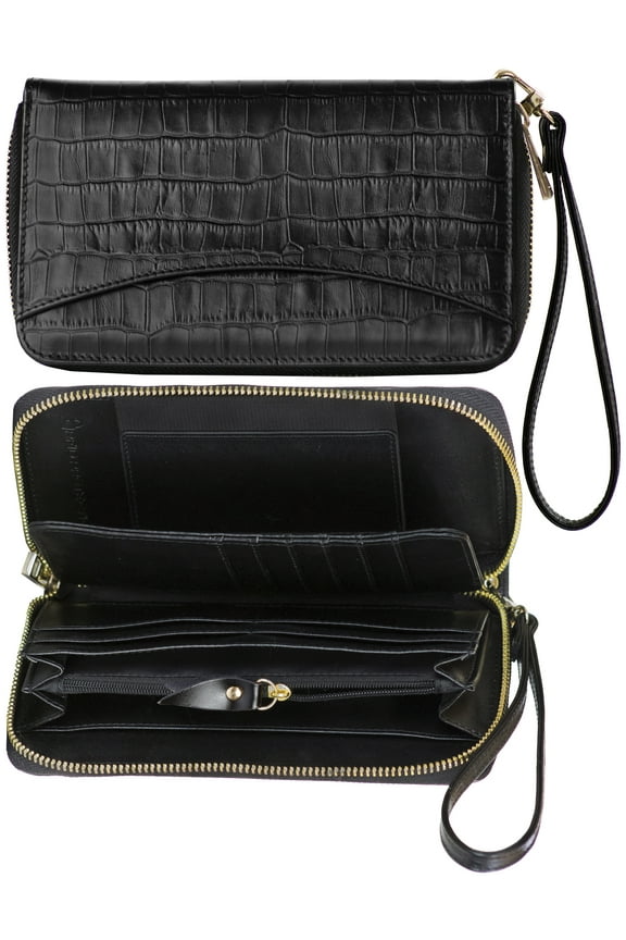 Women's Genuine Leather Wallet Wristlet Strap Clutch with Scan Proof Walls for tap-to-pay contactless credit card ID RFID protection - crocodile skin design in black