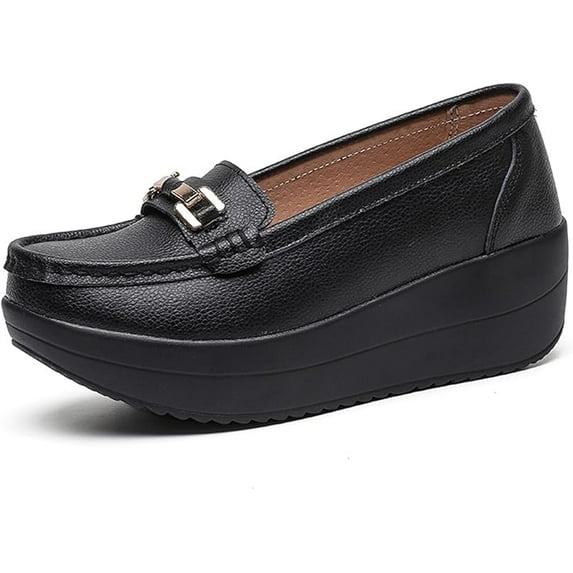 Women's Genuine Leather Wedge Heel Rocker Loafers Comfort Non Slip Platform Slip On Walking Shoes Casual Shopping Daily Mom Shoes