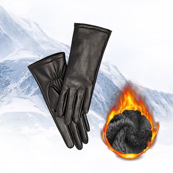 Women's Genuine Leather Winter Gloves, Plush Lined Warm Goatskin Driving Gloves, Touchscreen All-Finger Cold Weather Gloves, Windproof Long Cuff Gloves for Driving and Cycling Black