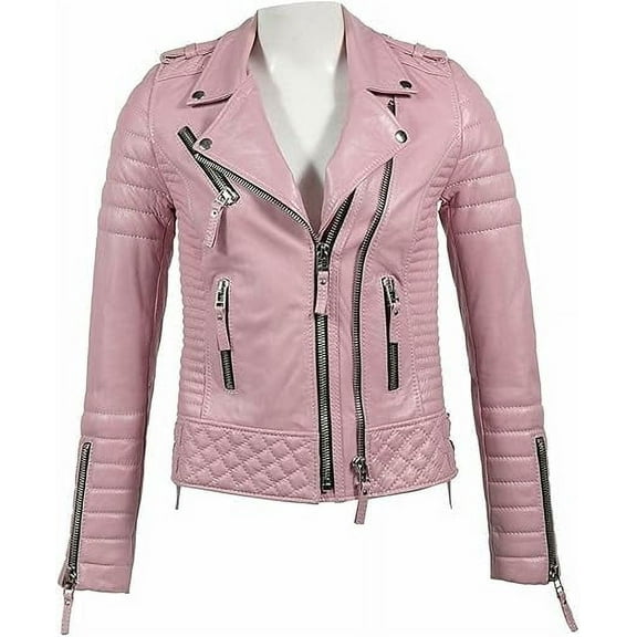 Women's Genuine Pink Lambskin Leather Jacket Motorcycle Slim fit Biker Collared Jacket W470