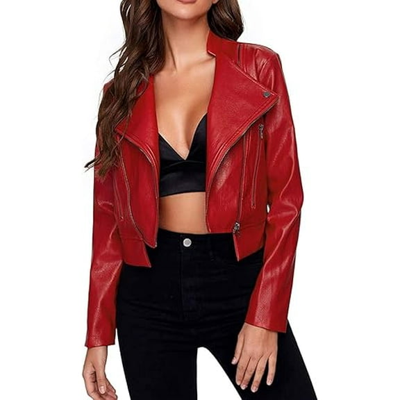 Women's Genuine Red Lambskin Leather Jacket Motorcycle Slim Fit Biker Jacket W497