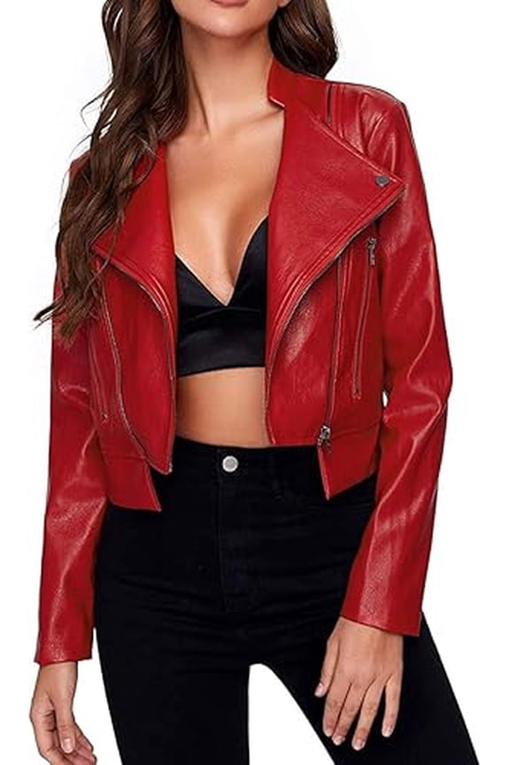 Women's Genuine Red Lambskin Leather Jacket Motorcycle Slim Fit Biker Jacket W497