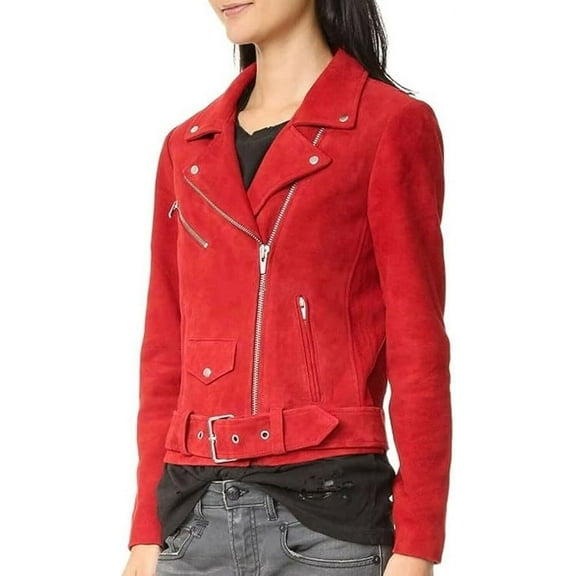 Women's Genuine Sheepskin Suede Leather Jacket Biker Red Zip Up Handmade Coat W100