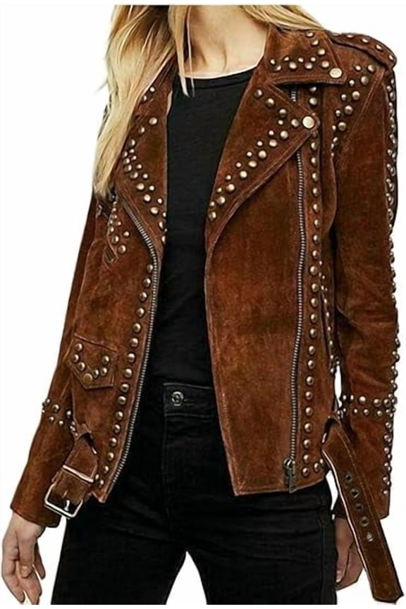 Women's Genuine Suede Leather Western Fashion Studded Jacket Brown Vintage Retro Style Jacket