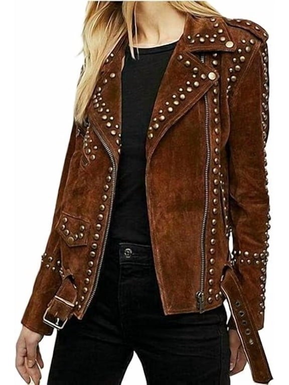 Women's Genuine Suede Leather Western Fashion Studded Jacket Brown Vintage Retro Style Jacket