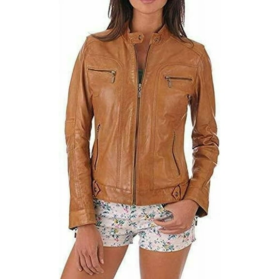 Women's Genuine Tan Lambskin Leather Jacket Motorcycle Biker Leather Jacket W401