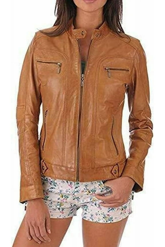 Women's Genuine Tan Lambskin Leather Jacket Motorcycle Biker Leather Jacket W401