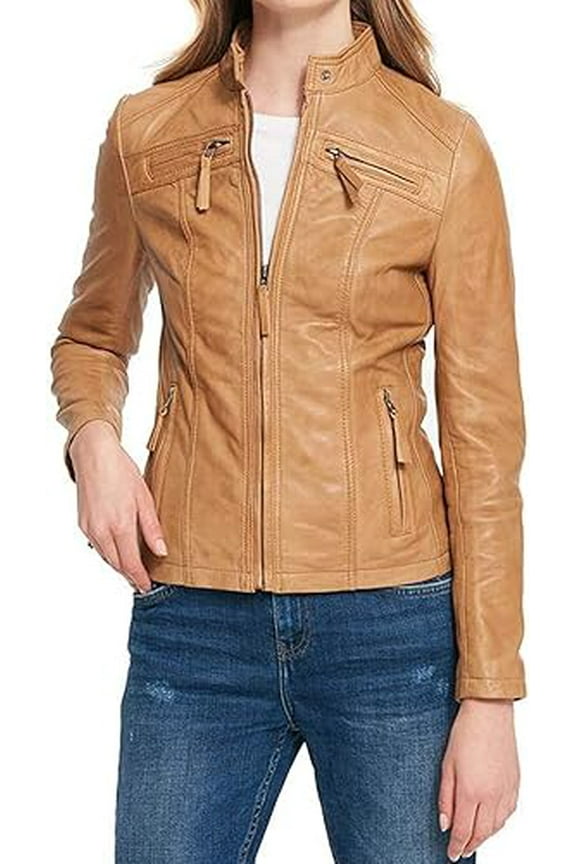 Women's Genuine Tan Lambskin Leather Jacket Motorcycle Biker Leather Jacket W697