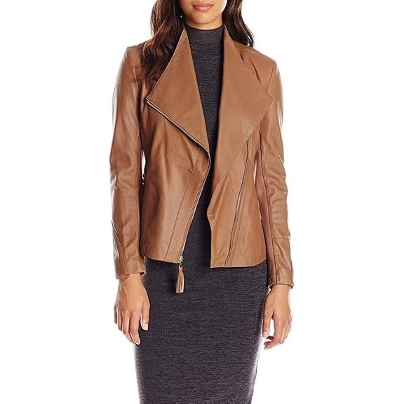 Women's Genuine Tan Lambskin Leather Jacket Motorcycle Slim Fit Biker Jacket W312