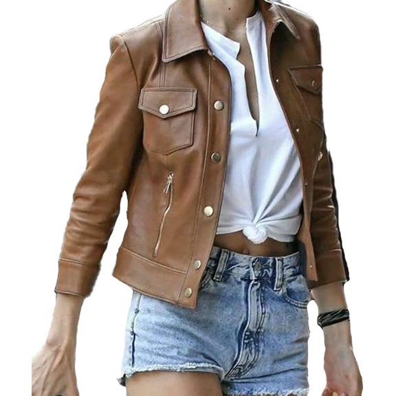 Women's Genuine Tan Lambskin Leather Jacket Motorcycle Slim Fit Biker Jacket W360