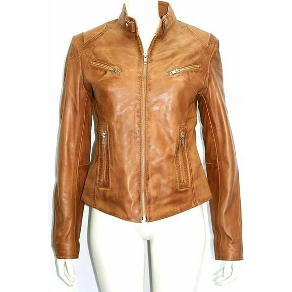 Women's Genuine Tan Lambskin Leather Jacket Motorcycle Slim fit Biker Jacket W380