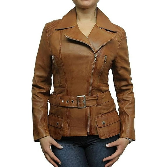 Women's Genuine Tan Lambskin Leather Jacket Motorcycle Slim fit Biker Jacket W409