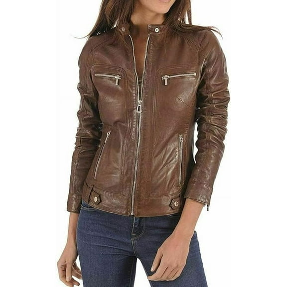 Women's Genuine Tan Lambskin Leather Jacket Motorcycle Slim fit Biker Jacket W419