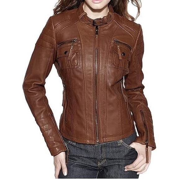 Women's Genuine Tan Lambskin Leather Jacket Motorcycle Slim fit Biker Jacket W672