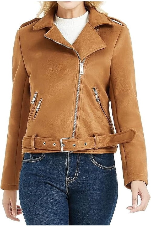 Women's Genuine Tan Suede Leather Jacket Motorcycle Biker Leather Jacket W258