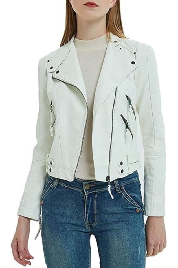 Women's Genuine White Lambskin Leather Jacket Motorcycle Biker Leather Jacket W251