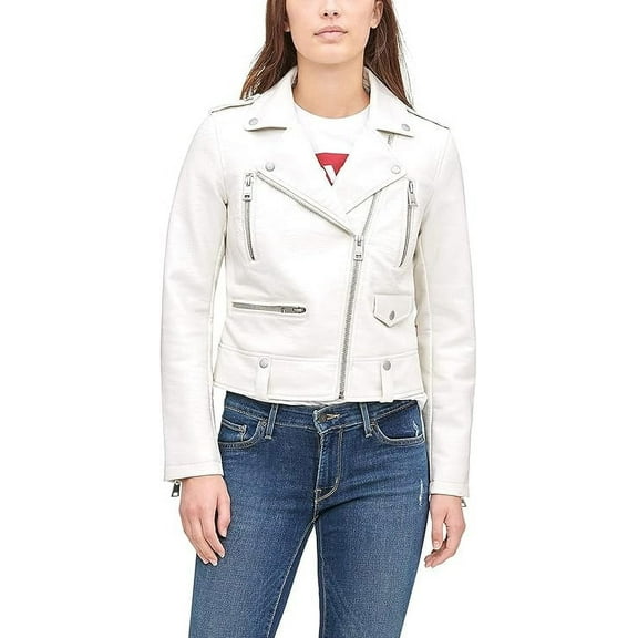 Women's Genuine White Lambskin Leather Jacket Motorcycle Slim Fit Biker Collared Jacket W424