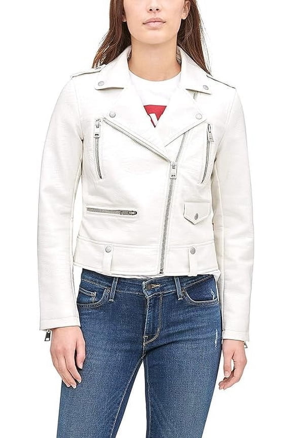 Women's Genuine White Lambskin Leather Jacket Motorcycle Slim Fit Biker Collared Jacket W424