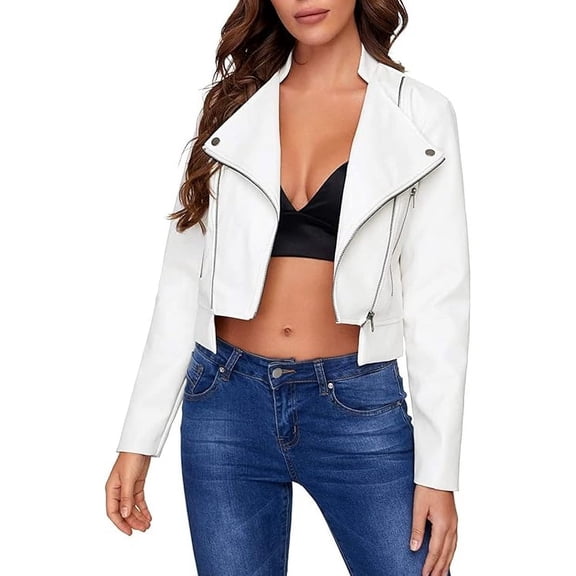Women's Genuine White Lambskin Leather Motorcycle Jacket Stylish Coat W435