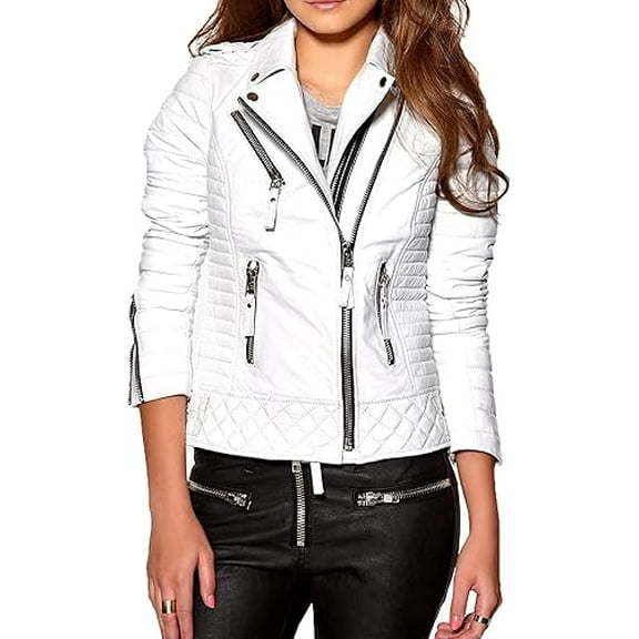 Women's Genuine White Quilted Lambskin Leather Jacket Motorcycle Slim Fit Biker Jacket W748